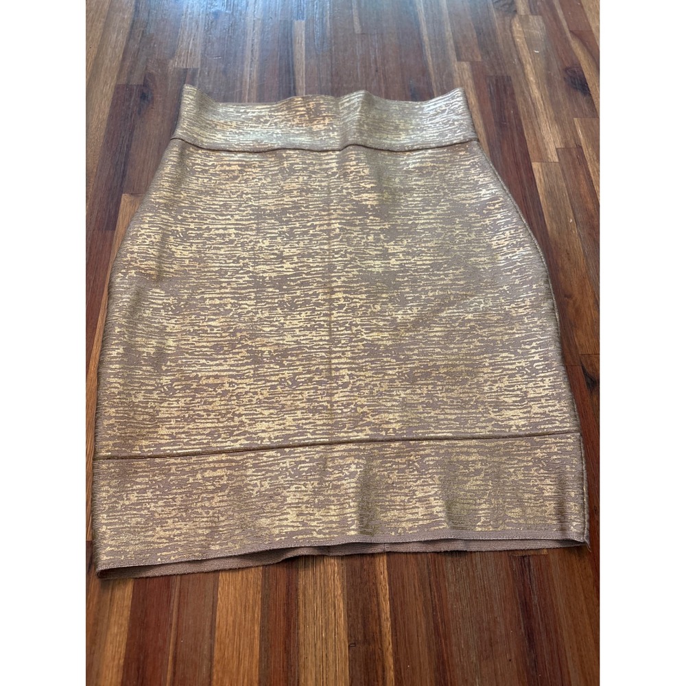 Hervé Léger Bandage Mini Skirt Womens XS Gold Metallic Excellent Foil Bodycon